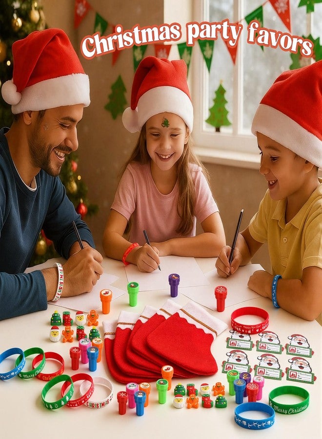 Heentan 144 Pcs Christmas Classroom Gifts for Students Xmas Goodie Bag Fillers for Party Favor Christmas Party Favors Supplies Xmas Silicone Bracelet Stampers Greeting Card Gift Exchange Prize - Image 5
